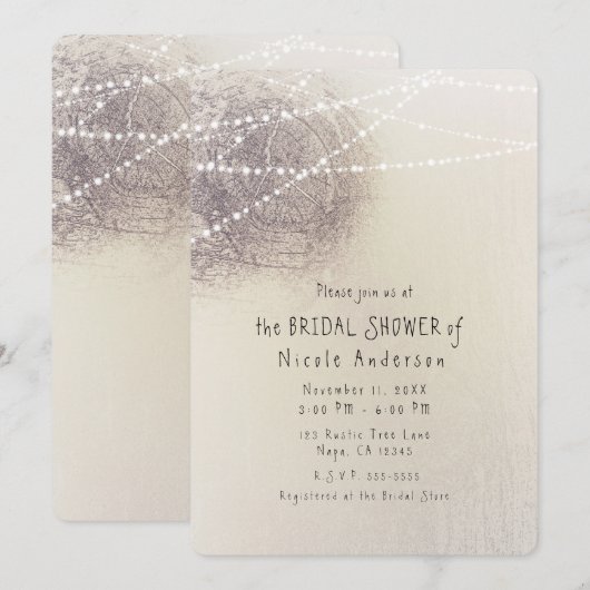 素朴な木の皮のカントリー ミニマル ブライダル シャワー 招待状 (正面/裏面)