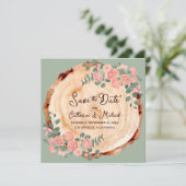 素朴な木の皮の指輪 水彩ピンクのバラ 緑 セーブザデート (スタンド正面)