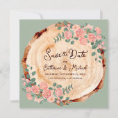 素朴な木の皮の指輪 水彩ピンクのバラ 緑 セーブザデート (正面)