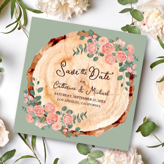 素朴な木の皮の指輪 水彩ピンクのバラ 緑 セーブザデート