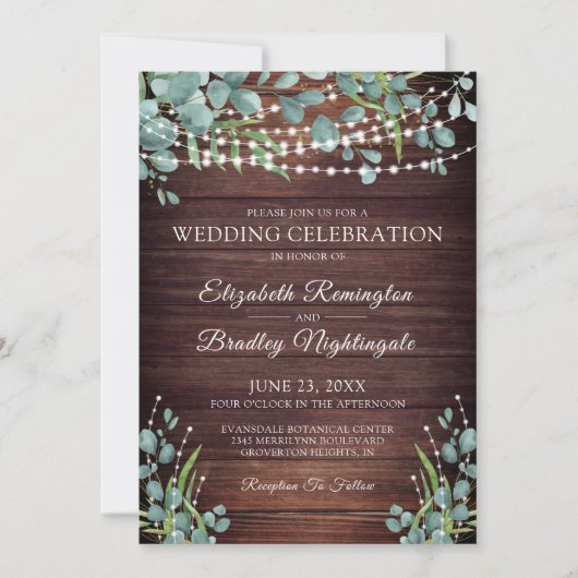 素朴な木の緑の光が結婚式の祝いを照らす 招待状 (正面)