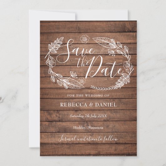 素朴な木の背景にデリケートな花のイラストをフィーチャーしたカントリー フローラル セーブザデート (正面)