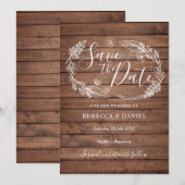 素朴な木の背景にデリケートな花のイラストをフィーチャーしたカントリー フローラル セーブザデート (正面/裏面)