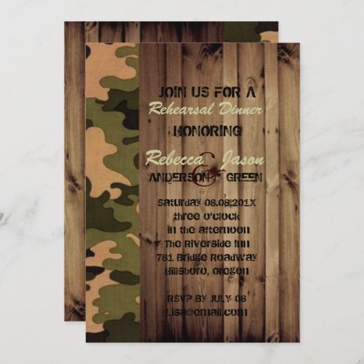素朴な木の西迷彩柄のリハ結婚ーサルディナー 招待状 (正面/裏面)