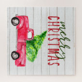 素朴な木の赤いトラックのクリスマスツリーの祭りの農場 ジグソーパズル (横)