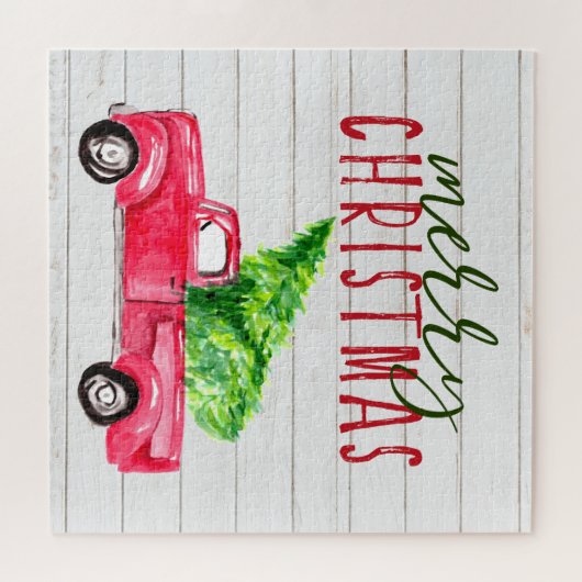 素朴な木の赤いトラックのクリスマスツリーの祭りの農場 ジグソーパズル (横)