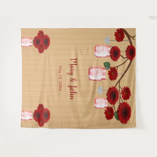 素朴な木の赤い花のマソンベアの写真用背景 タペストリー (正面(横))