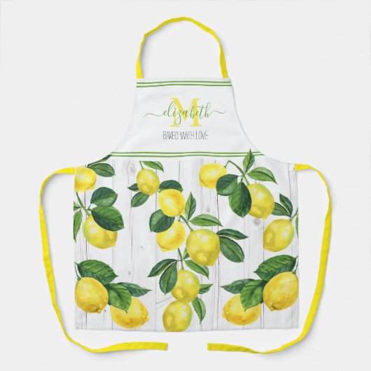 素朴な木モダンの上のモノグラムレモンの水色 エプロン (正面)
