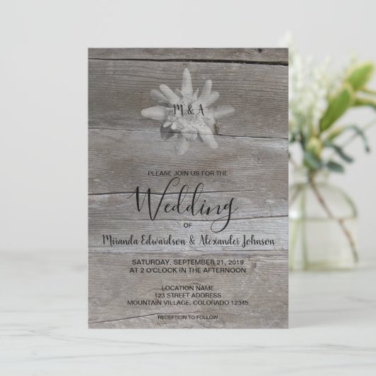 素朴な木モノグラムの国ウェディング上のエーデルワイス 招待状 (スタンド正面)