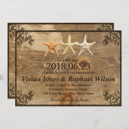 素朴な木及びヒトデのビーチ結婚式の保存日付 セーブザデート (正面/裏面)