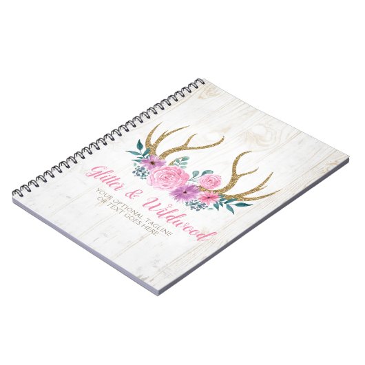 素朴な木及び水彩画の花の(雄ジカの)枝角のブティック ノートブック (左側)