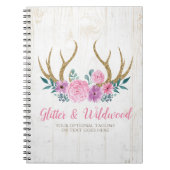 素朴な木及び水彩画の花の(雄ジカの)枝角のブティック ノートブック (正面)