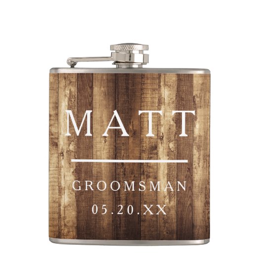 素朴な木及び豆電球のブライダルパーティのチーム新郎 フラスク (正面)