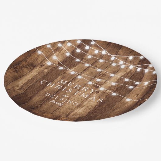 素朴な木及び豆電球家族のパーティーのカスタム ペーパープレート (アングル)