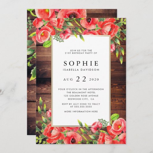 素朴な木及び赤いケシの花の誕生会 招待状 (正面/裏面)