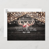 素朴な木材とライトの花の鹿の角 Save the Date 案内ポストカード (正面/裏面)