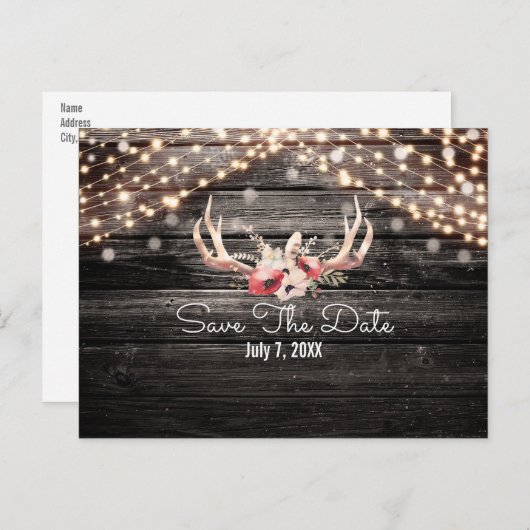 素朴な木材とライトの花の鹿の角 Save the Date 案内ポストカード (正面/裏面)