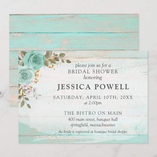 素朴な木材ターコイズ フラワー コテージ ブライダル シャワー 招待状 (正面/裏面)