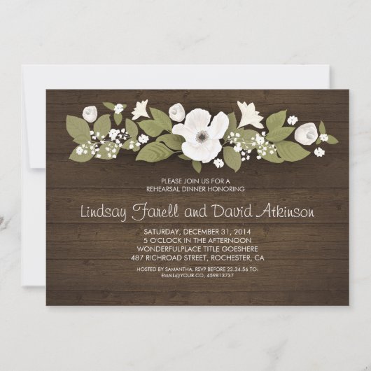 素朴な木材フローラリハーサル夕食 招待状 (正面)