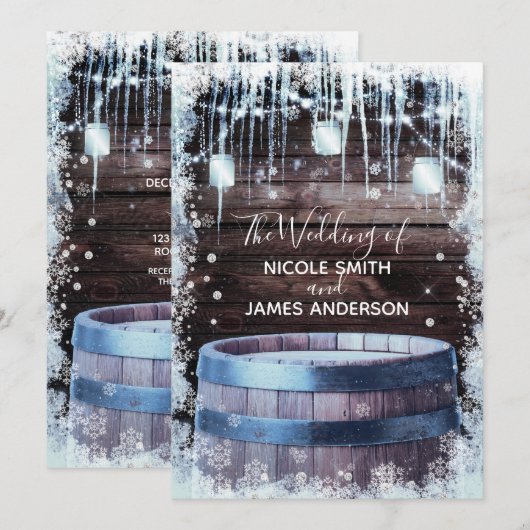 素朴な木樽とライトの冬の納屋での結婚式 招待状 (正面/裏面)
