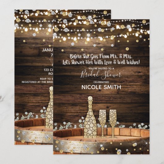 素朴な木樽のライト　シャンパン　ブライダルシャワー 招待状 (正面/裏面)