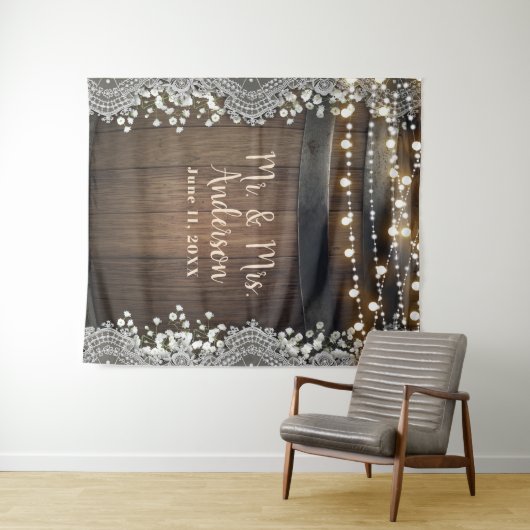 素朴な木樽のライト ライトレース & ベイビーズブレス タペストリー (インサイチュ(横))