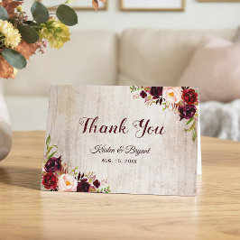 素朴な木目調のバーガンディ フローラル お礼 サンキューカード