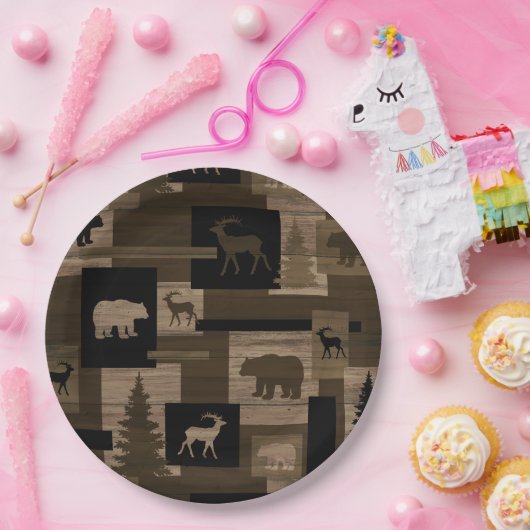 素朴な木製くまのアメリカヘラジカパターン紙皿 ペーパープレート (パーティー)