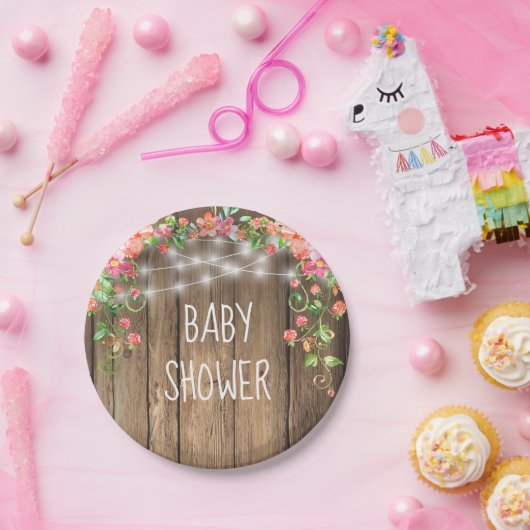 素朴な木製のひもは花の女の子のベビーシャワーをつけます ペーパープレート (パーティー)