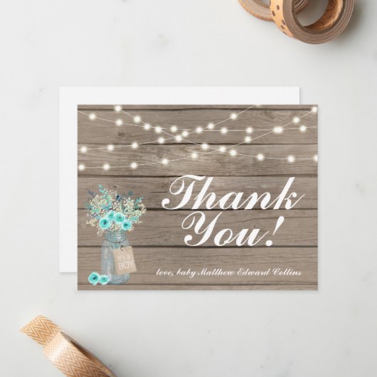 素朴な木製のひもライトメッセージカードの男の子ありがとう ノートカード (正面/裏面インサイチュ)
