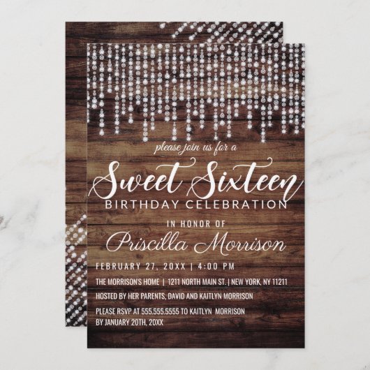 素朴な木製のぶら下がったなダイヤモンドは菓子16をつけます 招待状 (正面/裏面)