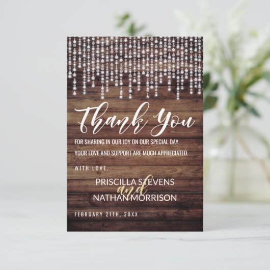 素朴な木製のぶら下がったなダイヤモンドライトは感謝していしています サンキューカード (スタンド正面)