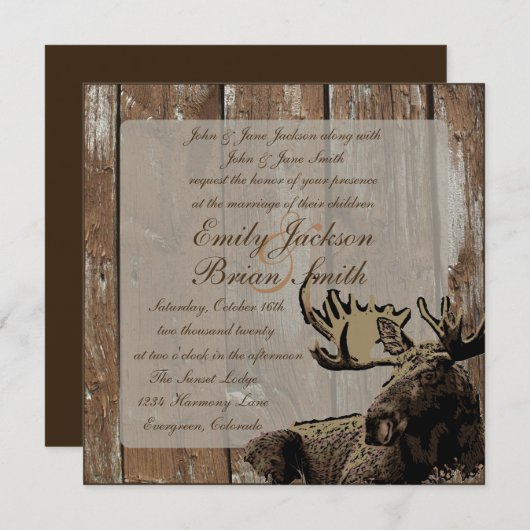 素朴な木製のアメリカヘラジカの正方形の結婚式招待状 招待状 (正面/裏面)