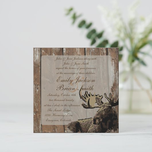 素朴な木製のアメリカヘラジカの正方形の結婚式招待状 招待状 (スタンド正面)