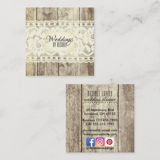 素朴な木製のウェディングプランナーのヴィンテージの花柄のレース スクエア名刺 (正面/裏面)