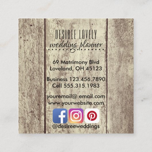 素朴な木製のウェディングプランナーのヴィンテージの花柄のレース スクエア名刺 (裏面)