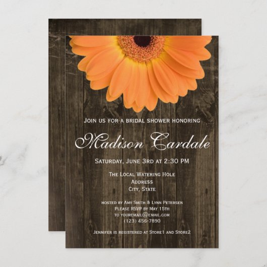 素朴な木製のオレンジデイジーのブライダルシャワーの招待状 招待状 (正面/裏面)