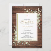素朴な木製のカントリー風グリーンが最初の聖体拝領 招待状 (正面)