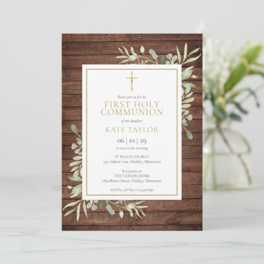 素朴な木製のカントリー風グリーンが最初の聖体拝領 招待状 (スタンド正面)