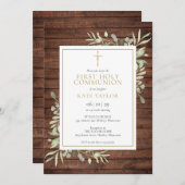 素朴な木製のカントリー風グリーンが最初の聖体拝領 招待状 (正面/裏面)