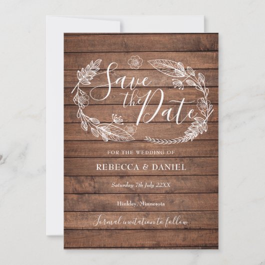 素朴な木製のカントリー フラワーパターン セーブザデート (正面)