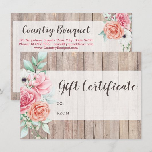素朴な木製のカントリー フローラル ギフト証明書カード 招待状 (正面/裏面)