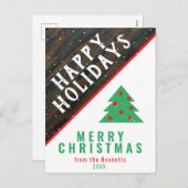 素朴な木製のクリスマスツリー 赤い名前のクリスマス シーズンポストカード (正面/裏面)