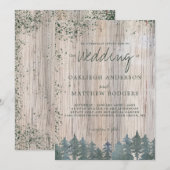 素朴な木製のグリーン フォレスト スノー ウィンター ウェディング 招待状 (正面/裏面)