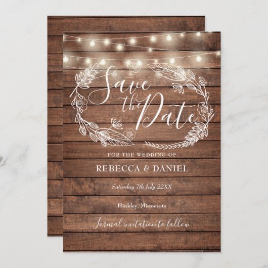 素朴な木製のストリングライトとカントリーフローラル セーブザデート (正面/裏面)