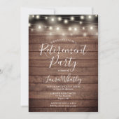 素朴な木製のストリングライトの背景とリタイアメントパーティー 招待状 (正面)