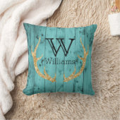 素朴な木製のティール(緑がかった色)の金ゴールドのグリッターのシカの枝角のモノグラム クッション (ブランケット)