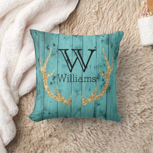 素朴な木製のティール（緑がかった色）の金ゴールドのグリッターのシカの枝角のモノグラム クッション (ブランケット)