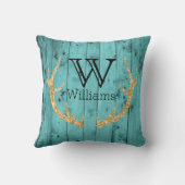 素朴な木製のティール(緑がかった色)の金ゴールドのグリッターのシカの枝角のモノグラム クッション (裏面)