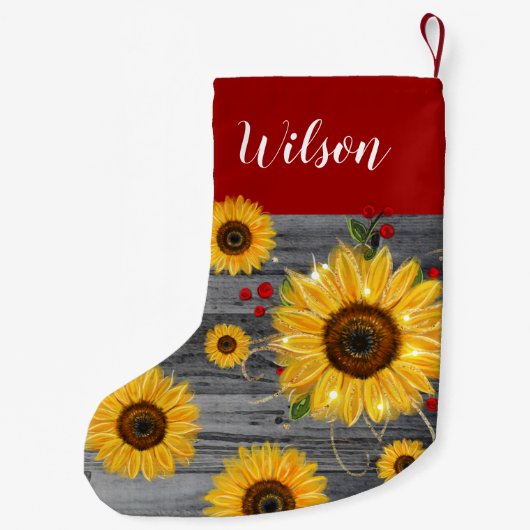 素朴な木製のバーガンディの赤い金ゴールドのヒマワリの名前 スモールクリスマスストッキング (裏面)